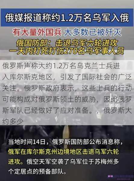 俄罗斯声称大约1.2万名乌克兰士兵进入库尔斯克地区，引发了国际社会的广泛关注。俄罗斯政府表示，这些士兵的行动可能构成对俄罗斯领土的威胁，因此俄罗斯军队已经做好了应对准备。，俄罗斯大约多少