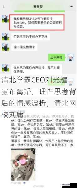 清北学霸CEO刘光耀宣布离婚，理性思考背后的情感波折，清北网校刘庸