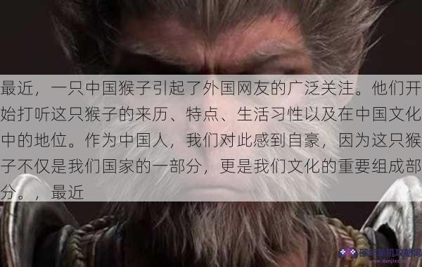 最近，一只中国猴子引起了外国网友的广泛关注。他们开始打听这只猴子的来历、特点、生活习性以及在中国文化中的地位。作为中国人，我们对此感到自豪，因为这只猴子不仅是我们国家的一部分，更是我们文化的重要组成部分。，最近