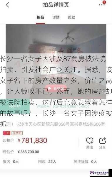 长沙一名女子因涉及87套房被法院拍卖，引发社会广泛关注。据悉，该女子名下的房产数量之多，价值之高，让人惊叹不已。然而，她的房产却被法院拍卖，这背后究竟隐藏着怎样的故事呢？，长沙一名女子因涉疫被抓